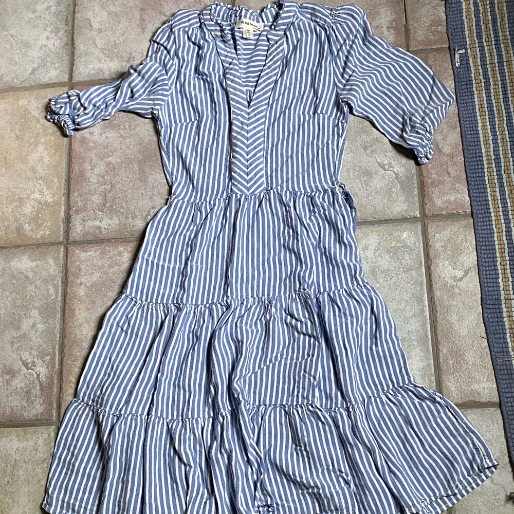 blue and white striped dress